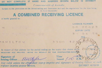 Listener's licence from 1974, the last year that such licences were issued. The owner of this licence lived in Hamilton, Victoria