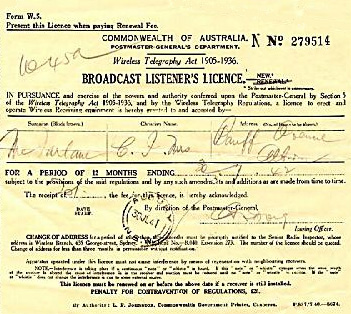 Listener's licence from 1948, before television arrived everyone was required to purchase a licence for each receiver they owned. The owner of this licence lived in Audley, New South Wales